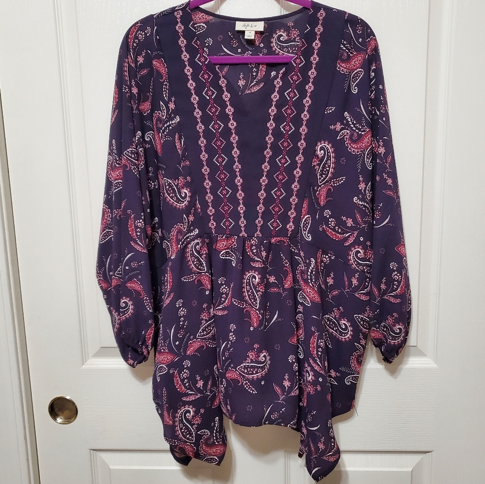 Style & Co. Embroidered Paisley Blouse Purple & Pink Shark Bite Hem Size 1X